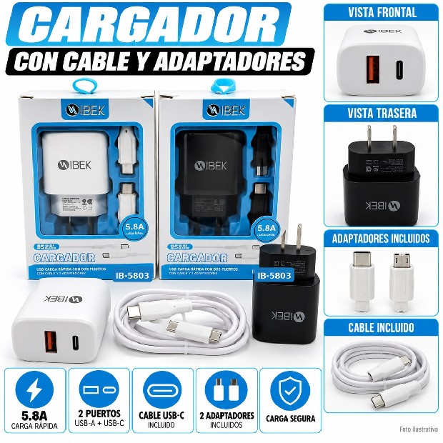 &ua CARGADOR CELULAR TIPO C 5.8A + USB IB-5803